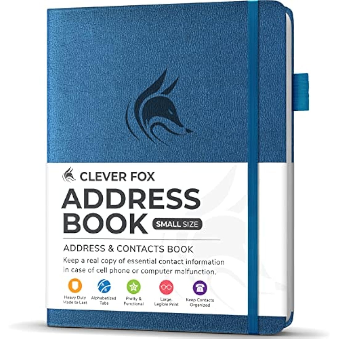 Clever Fox Address Book with alphabetic tabs - PU Leather Telephone and Address Book for Keeping Contacts Safe, Contact Organizer Journal, Small Size (10.5 x 14cm), Hardcover, Mystic Blue
