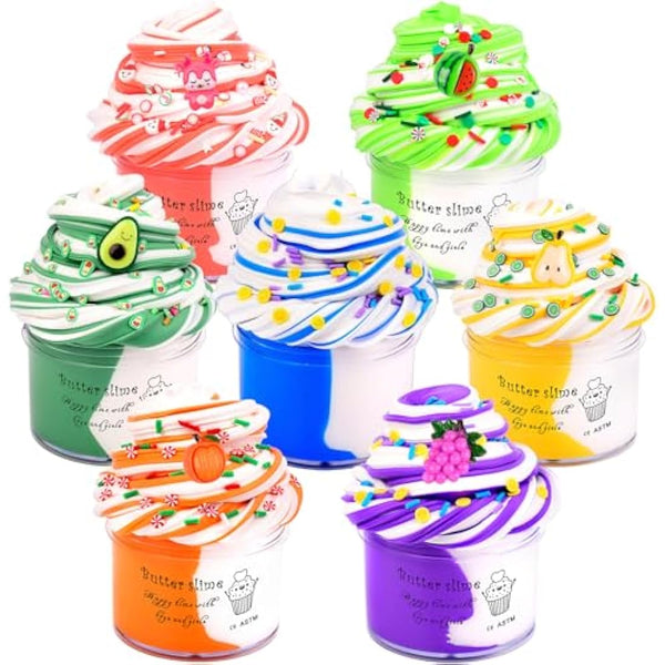 7 Pack Fluffy Butter Rainbow Slime, Non-Sticky and Soft for Boys, Scented Slime Party Favors, Birthday Gift, Stress Relief Toy for Kids