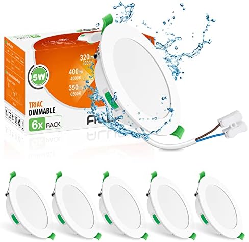 ALUSSO LED Recessed Ceiling Lights Dimmable, 5W IP65 LED Bathroom Spotlights, Warm White 3000K-Neutral White 4000K-Cool White 6500K Adjustable, Cut Φ75-85MM, 30MM Ultra-Slim Round Downlights, 6 Pack