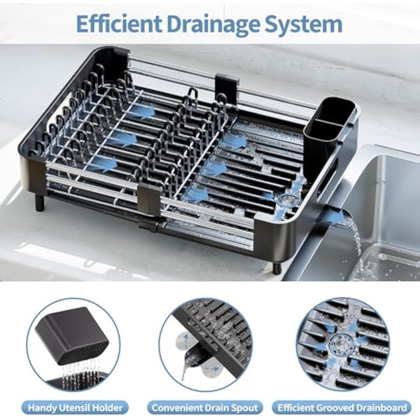 KINGRACK Extendable Dish Drainer Rack, Stainless Steel, Foldable Dish Rack with Removable Cutlery Holder and Anti-Scratch Holder, Adjustable Draining Board Rack with Drainage Spout, Black