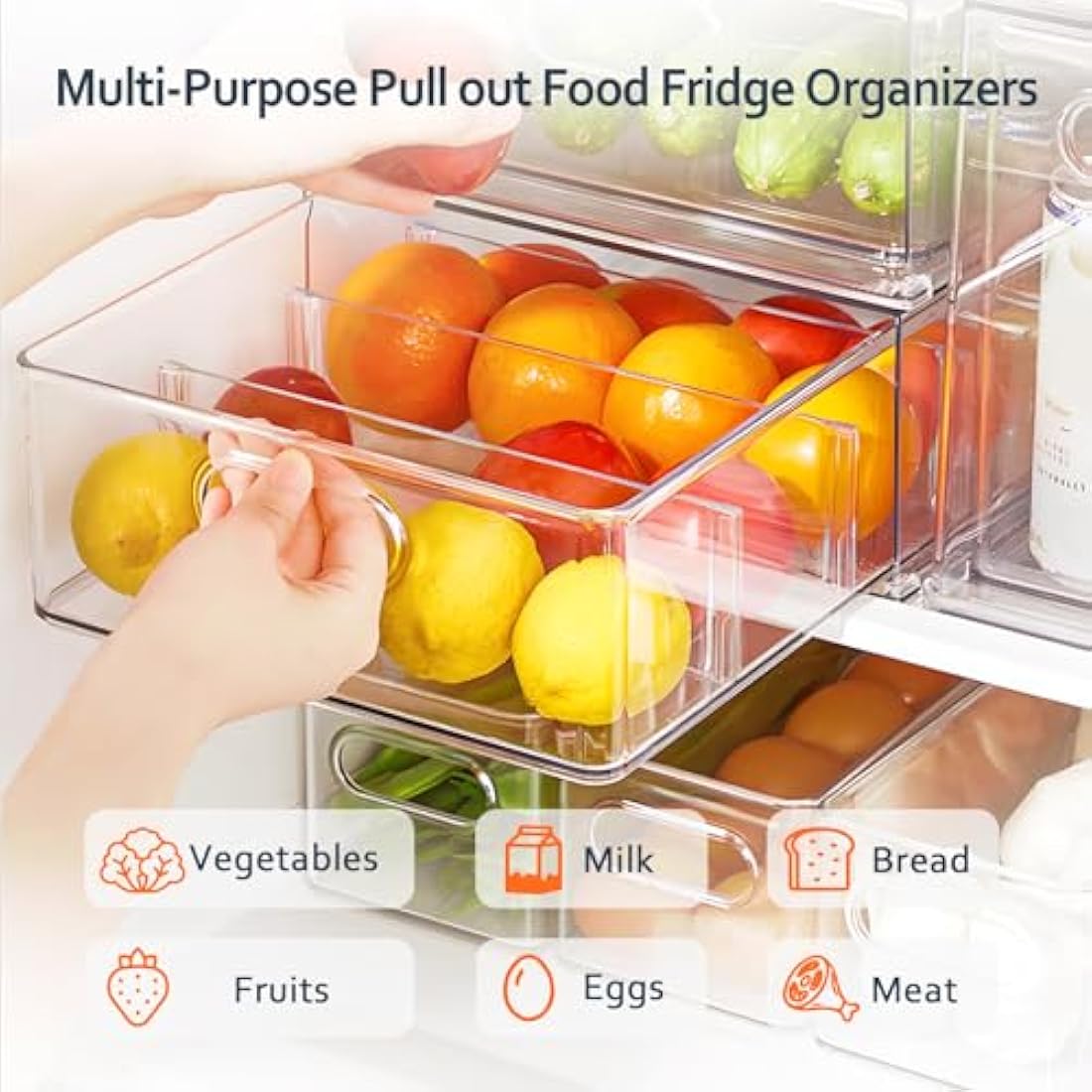 Abiudeng Fridge Drawer Kitchen Storage Organisation Cupboard Organiser with Pullout Drawer Stackable Fridge Organizer Set BPA free Clear Pantry Storage for Freezer-L