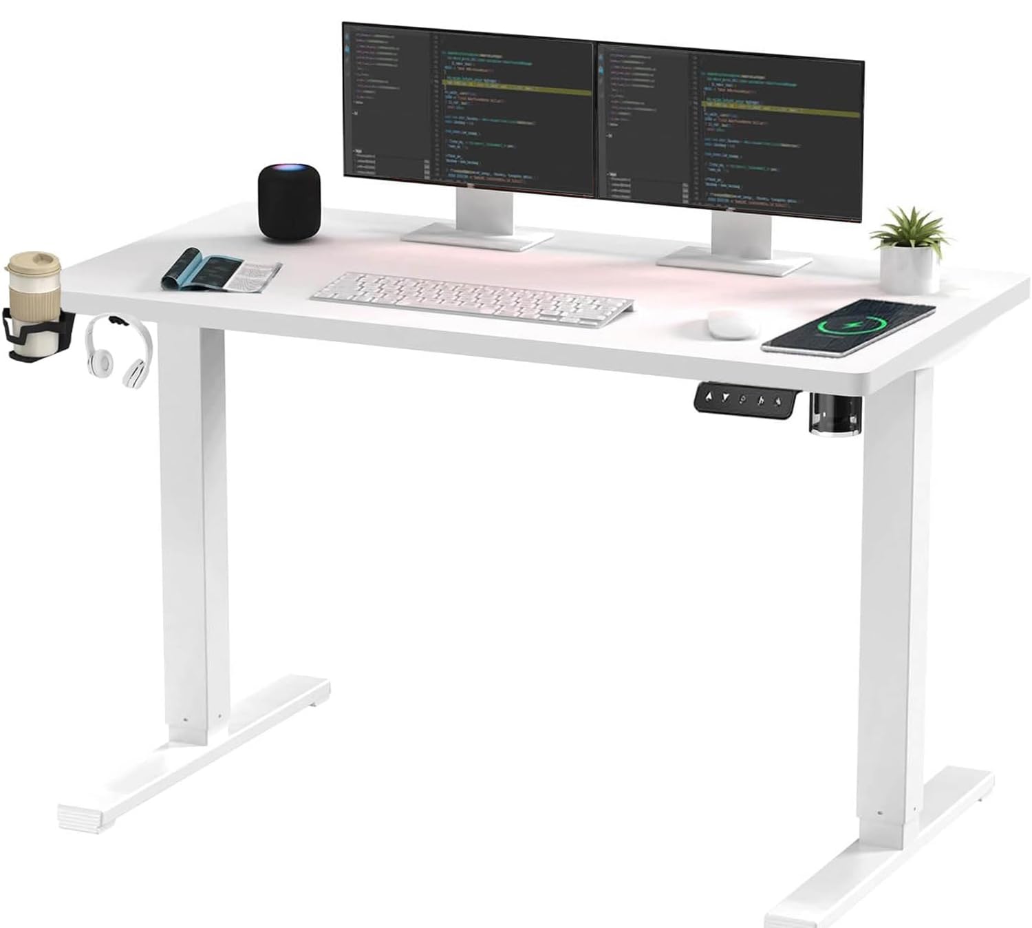 SANODESK QS1+140 * 60 Electric Standing Desk Height Adjustable Standing Desk With Memory Smart Panel Sit Stand Table With Hooks and Cupholder for Home Office （Black Frame+ Black Desktop）