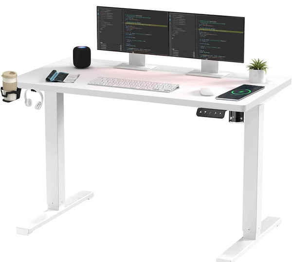 SANODESK QS1+140 * 60 Electric Standing Desk Height Adjustable Standing Desk With Memory Smart Panel Sit Stand Table With Hooks and Cupholder for Home Office （Black Frame+ Black Desktop）