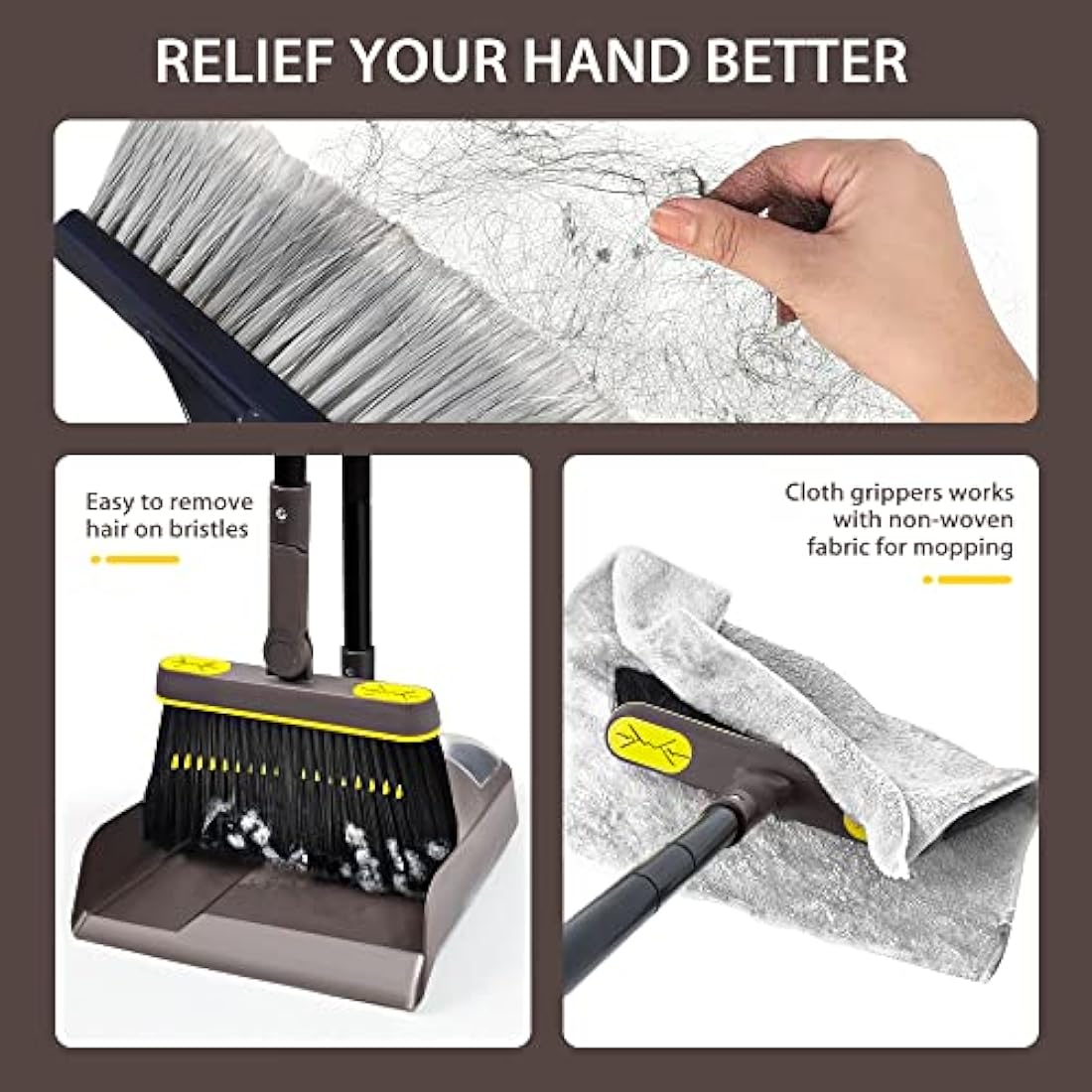 JEHONN Dustpan and Brush Set with 138 CM Long Handle, Tall Sweeping Broom with 180 Degree Swivel Head, Unique Garden Dust Pan with Comb Teeth for Indoor Outdoor Home Lobby Kitchen Office Room