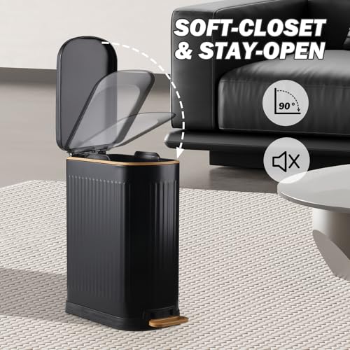 ELPHECO Slim Bathroom Trash Can Foot-Operated Stainless Steel Garbage Can with Soft Close Lid Step Trash Bin with Removable Inner Bucket for Bedroom, Office, Kitchen (Matt Black, 3.5 Gallons)