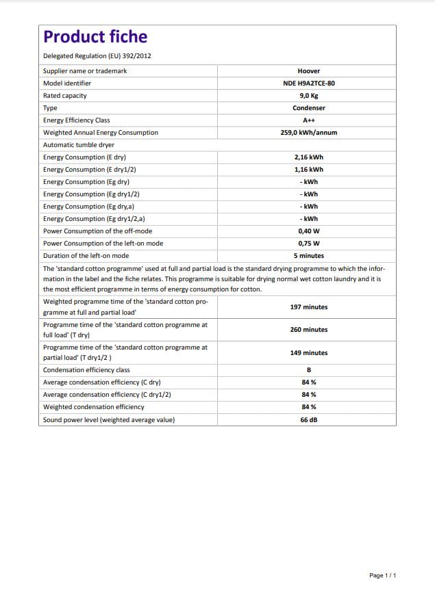 Hoover H-DRY 500 Heat Pump Tumble Dryer, 9 Kg, Class A++, Wi-Fi + Bluetooth, Four Drying Levels, Eco-Power Inverter Motor, Advanced Care, White, 59.6x60.4x85 cm - NDE H9A2TCE-80