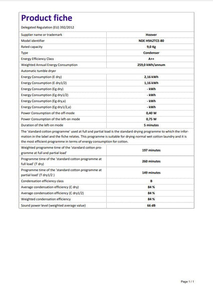 Hoover H-DRY 500 Heat Pump Tumble Dryer, 9 Kg, Class A++, Wi-Fi + Bluetooth, Four Drying Levels, Eco-Power Inverter Motor, Advanced Care, White, 59.6x60.4x85 cm - NDE H9A2TCE-80