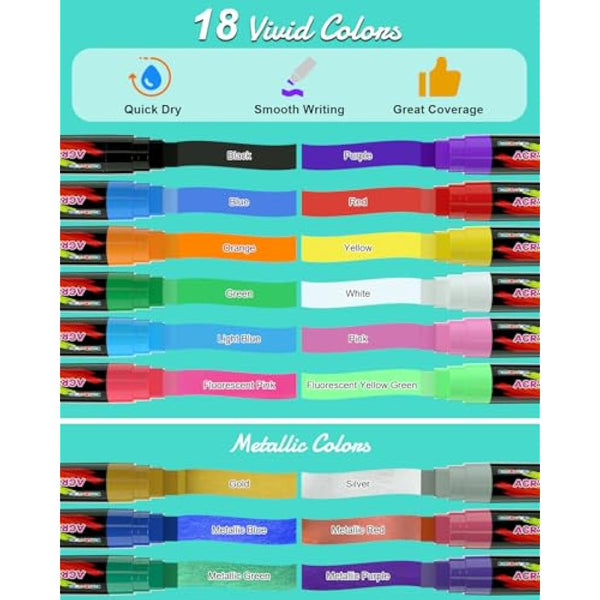 FansArriche Acrylic Marker Graffiti Pens, 15 mm Jumbo Felt Tip, 18 Colours Waterproof Paint Pens for Marking, Acrylic Marker for Stones, Waterproof, Signs, Calligraphy and Paintings