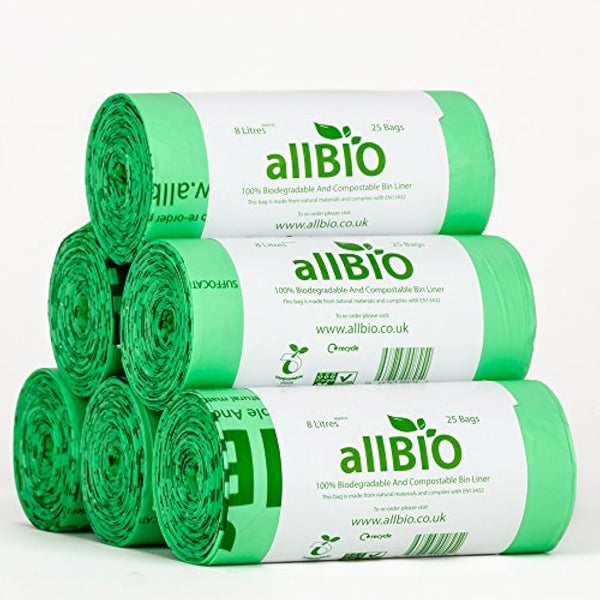 allBIO 8L Extra Thick Compostable Food Waste Kitchen Caddy Liners/Bin Bags - Pack of 150
