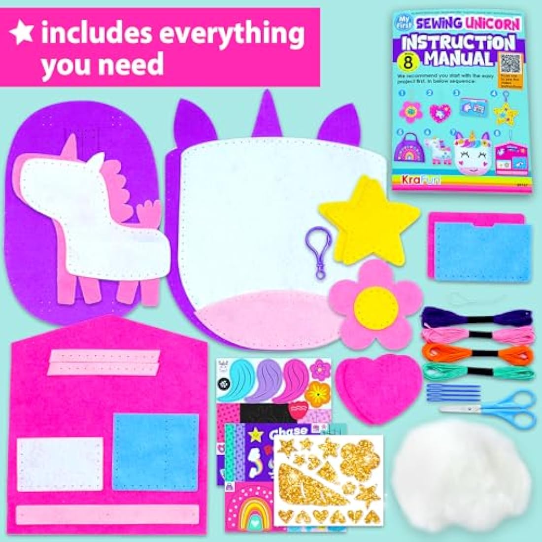 KRAFUN My First Unicorn Sewing Kit for Kids, Beginner Crafts with 5 DIY Projects (Stuffed Animal, Pillow, Mobile, Keyring, Bag), Plush Felt, Instructions, Embroidery Supplies, Pre-Punched Fabric