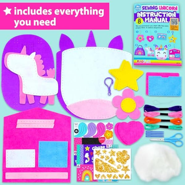 KRAFUN My First Unicorn Sewing Kit for Kids, Beginner Crafts with 5 DIY Projects (Stuffed Animal, Pillow, Mobile, Keyring, Bag), Plush Felt, Instructions, Embroidery Supplies, Pre-Punched Fabric