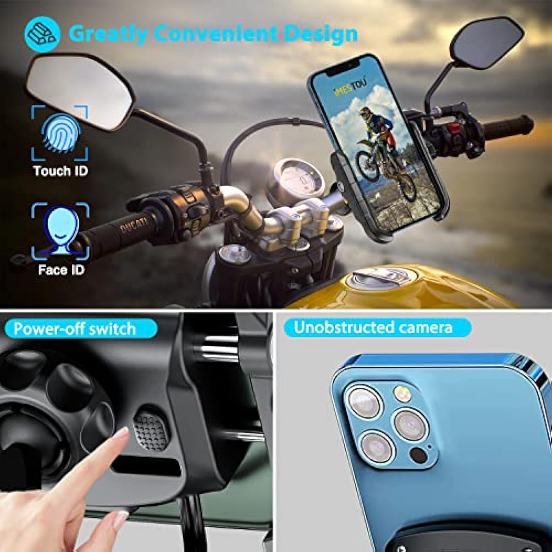 iMESTOU Aluminum Motorcycle USB Phone Mount Charger Handlebar/Rear-View Mirror Cellphone Holder Charger for 12V/24V Vehicles Compatible with 4.0-6.8 Inch Smartphones (USB Type Phone Mount)