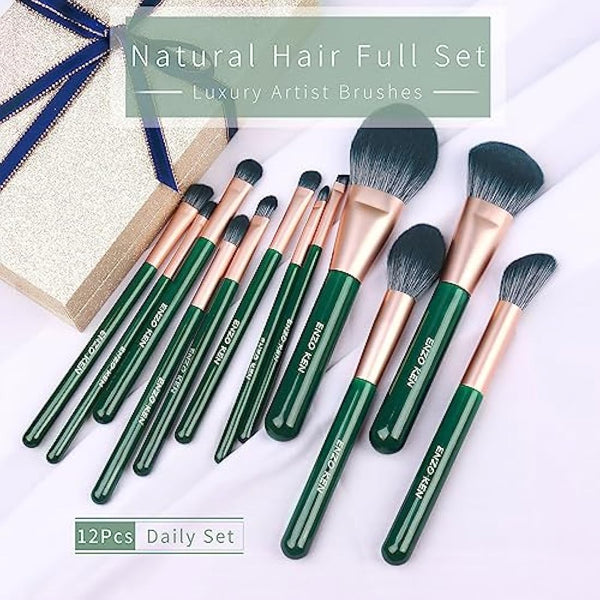 ENZO KEN Natural Fiber & Goat Hair Makeup Brush Set Professional, Combined Hair Makeup Brush Set with Case, Green Cosmetic Brushes Makeup Set, Natural Bristle Makeup Brushes.