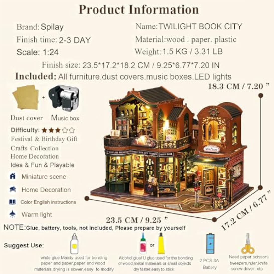 Spilay Diy Miniature House Kit with Wooden Furniture, with Music Box Dust Proof Cover and LED, 1:24 Scale Creative for Women Girl Friend Lover (Twilight Book City)