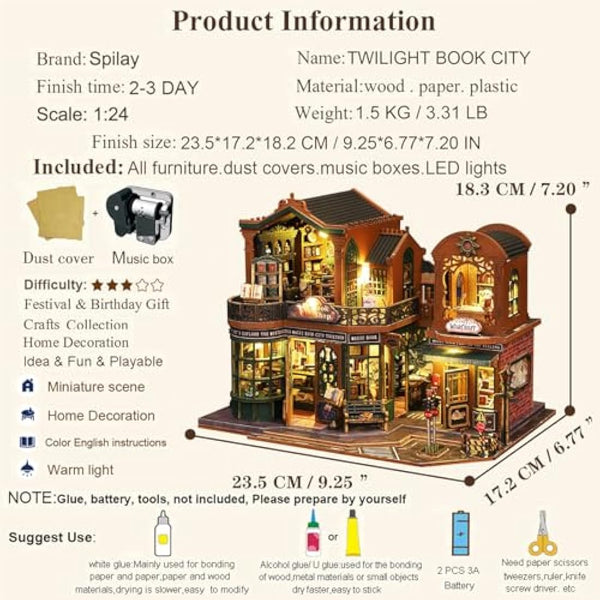 Spilay Diy Miniature House Kit with Wooden Furniture, with Music Box Dust Proof Cover and LED, 1:24 Scale Creative for Women Girl Friend Lover (Twilight Book City)