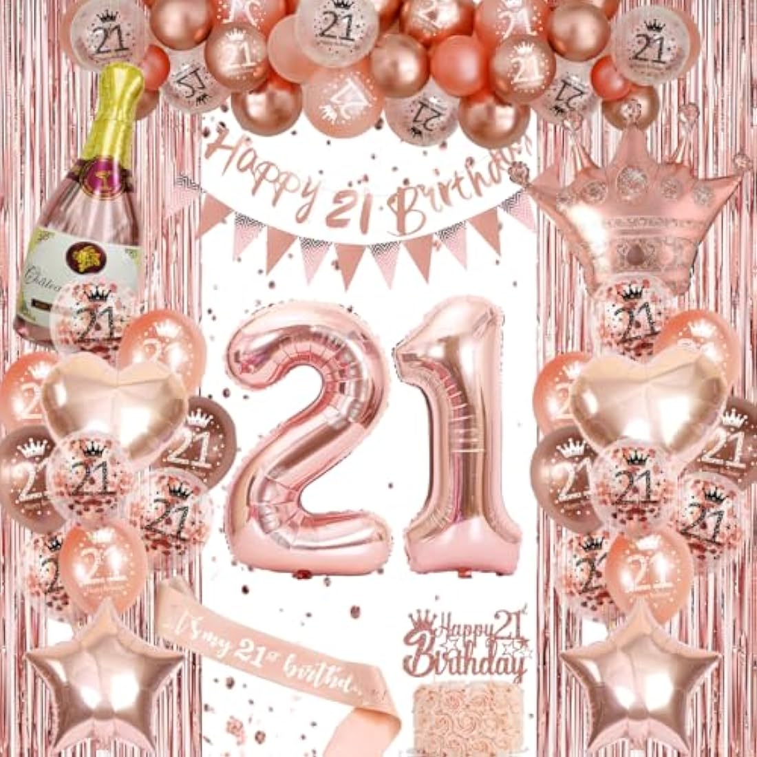 21st Birthday Decorations For Her, Rose Gold Birthday Decoration, Birthday Party Decorations Set With Rose Gold Balloons, Happy Birthday Banner, Champagne Balloon，Triangle Flag Banner