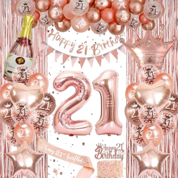 21st Birthday Decorations For Her, Rose Gold Birthday Decoration, Birthday Party Decorations Set With Rose Gold Balloons, Happy Birthday Banner, Champagne Balloon，Triangle Flag Banner