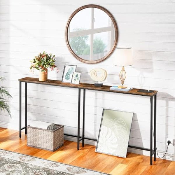HOOBRO Slim Console Table with Charging Station, 180 cm Long Hallway Table with USB Ports, Behind Sofa Table Narrow for Hallway, Entryway, Foyer, Living Room, Rustic Brown and Black EBF185KXG01