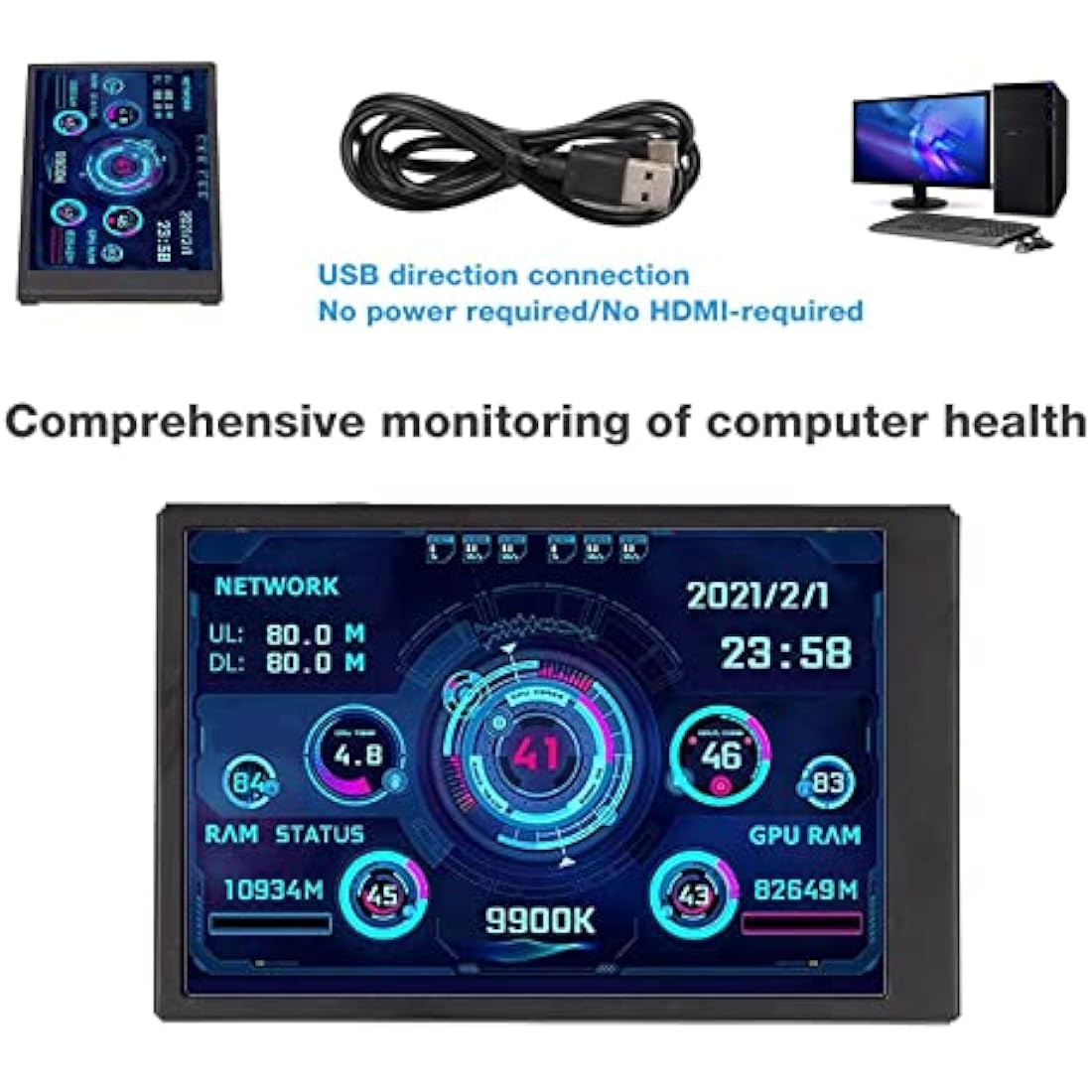 5in IPS Mini Screen, AIDA64 PC Sensor Panel Display, CPU RAM Data Monitor & Host Temperature Control Dynamic LCD
