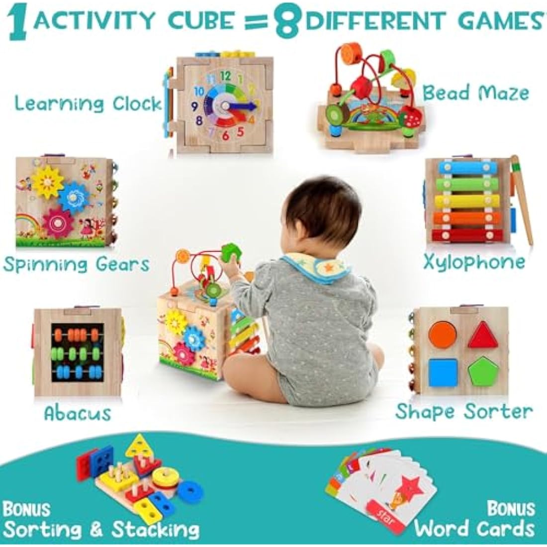 HELLOWOOD Wooden Activity Cube Baby Toys, 8-in-1 Montessori Educational Toy Set, Bead Maze Shape Sorter Abacus Xylophone Words & Clock Learning, STEM Toys for Boys Girls Toddlers Age 18 Months and up