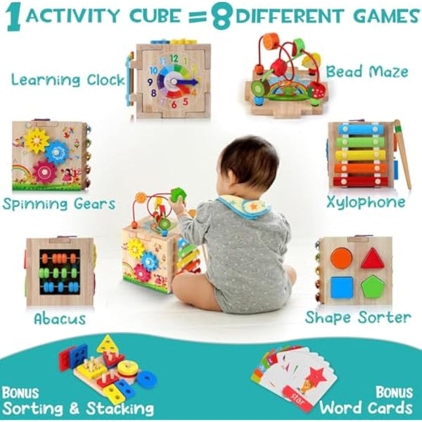 HELLOWOOD Wooden Activity Cube Baby Toys, 8-in-1 Montessori Educational Toy Set, Bead Maze Shape Sorter Abacus Xylophone Words & Clock Learning, STEM Toys for Boys Girls Toddlers Age 18 Months and up