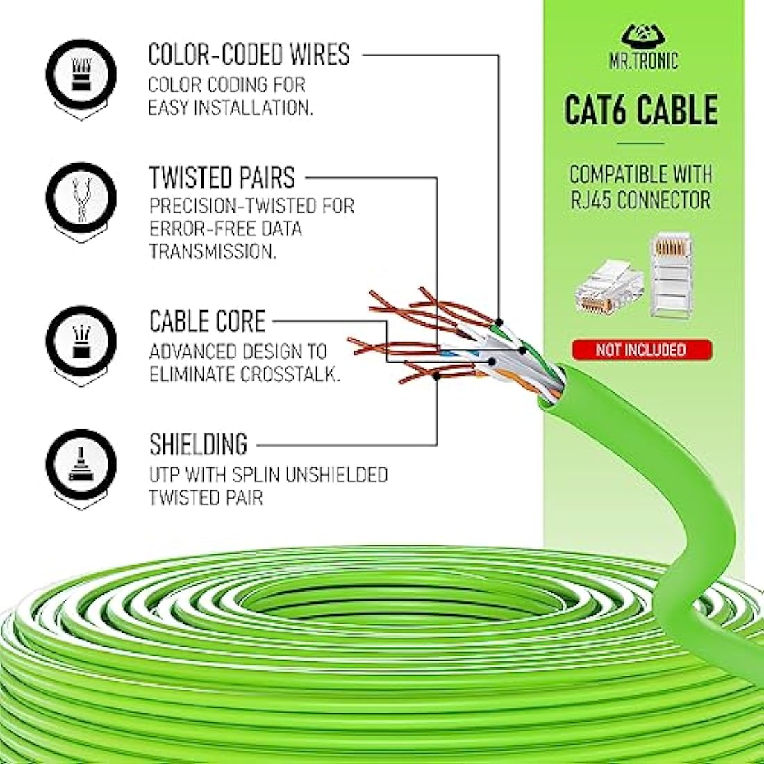 Mr. Tronic Bulk Cat 6 Ethernet Cable 100m, High Speed LAN Ethernet Network Cable, 100m Bulk Cat6 Internet 1 Gbps, 250 MHz, ADSL AWG24, UTP CCA (100 Meters, Green)