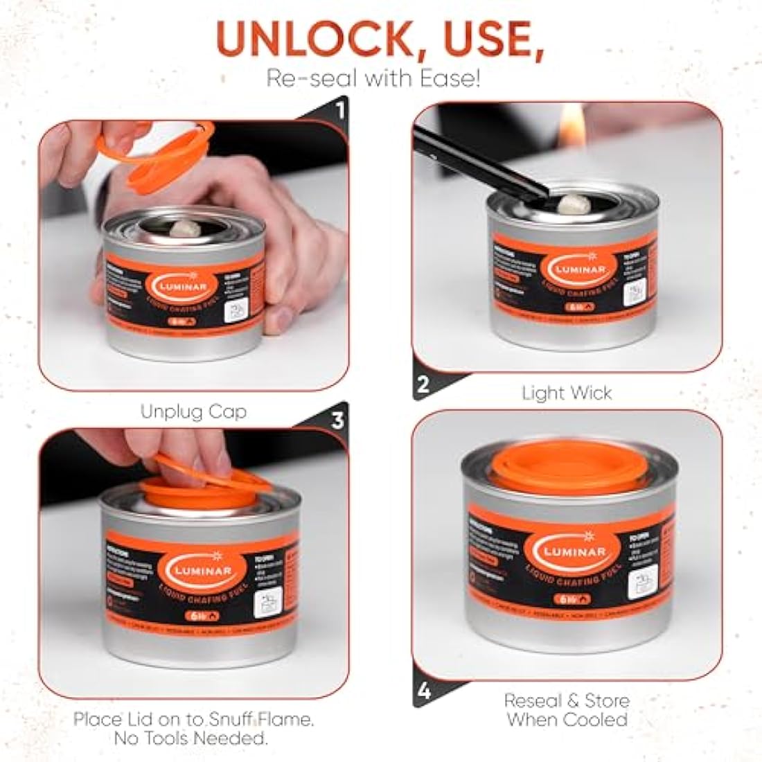 Luminar Resealable-Wick Chafing Fuel Cans, 24 Pack, 6 Hour - Premium Quality Burners for Food Warmers - No More Spills, Waste, or Hassle - Perfect for Convenient, and Long-Lasting Event Catering