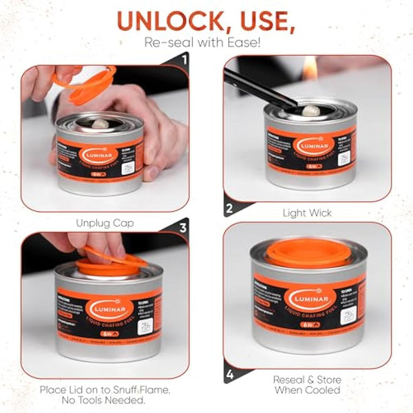 Luminar Resealable-Wick Chafing Fuel Cans, 24 Pack, 6 Hour - Premium Quality Burners for Food Warmers - No More Spills, Waste, or Hassle - Perfect for Convenient, and Long-Lasting Event Catering