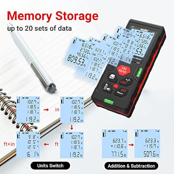 atolla Laser Measure Device, Laser Distance Meter up to 100m / ± 2mm Digital Measure Tool Range Finder with Bubble Level and Large LCD Backlit and Waterproof IP54