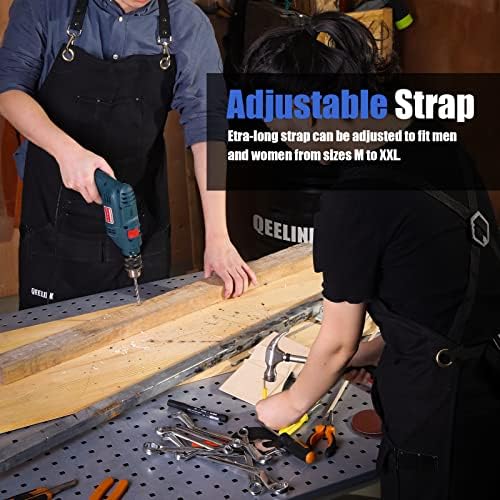 QeeLink Work Apron with 10 Tool Pockets, Woodworking Fireproof Canvas Apron for Carpenter, Adjustable M to XXXL Cross back Tools Apron, Black