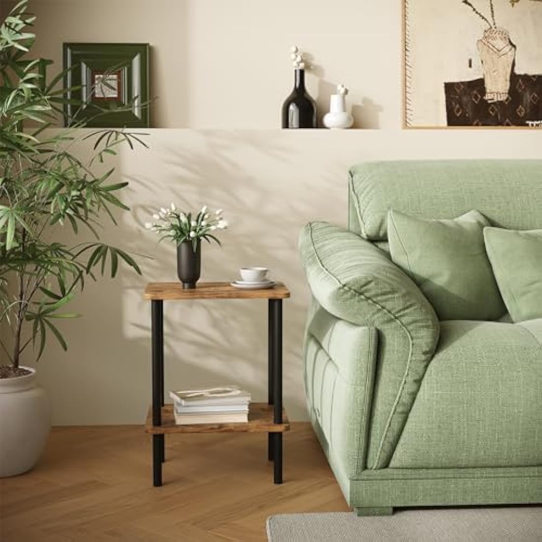 APICIZON 2 Tier Side Table, Narrow End Table with Storage Shelf, Bedside Table Nightstand for Small Spaces, Bedroom, Living Room, Entryway, Farmhouse, No-Tool Assembly, Rustic Brown