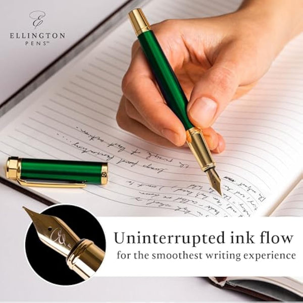 Ellington Pens Luxury Fountain Pen Set- Fountain Pens for Writing - Smooth Nib - Includes Refillable Ink Converter, 3 Ink Cartridges [2 Black & 1 Blue], Gift Box - Elegant Calligraphy
