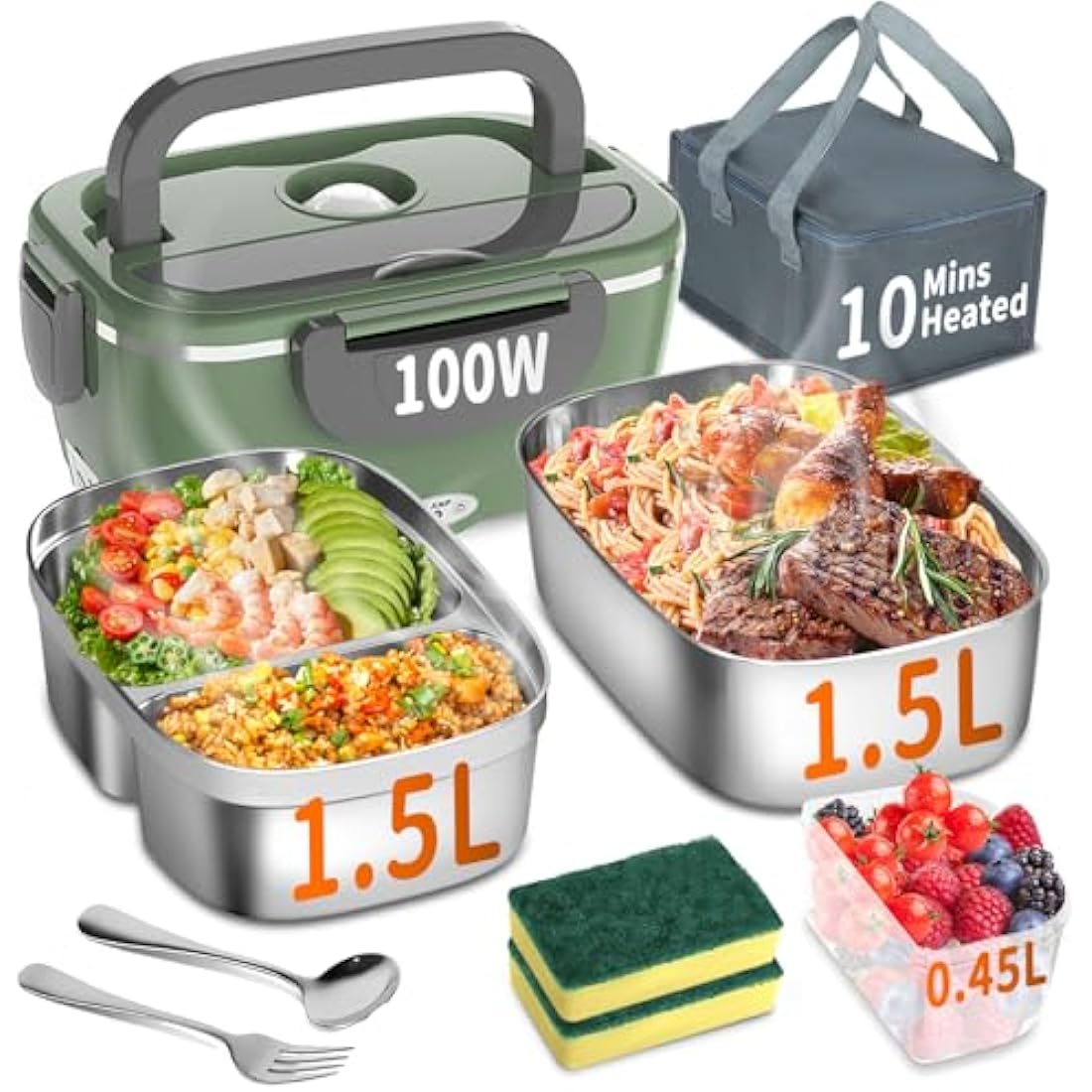 Electric Heated Lunch Box 100W - 3-in-1 Fast Heating Lunch Boxes Portable for Adults, 12V/24V/220V with 2 Pack Containers (Single & Compartment) for Car Truck Office (3 Times Faster), GreenGrey