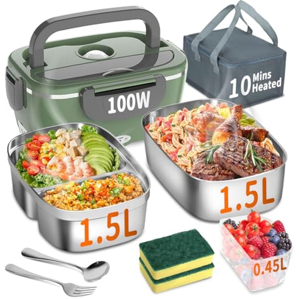 Electric Heated Lunch Box 100W - 3-in-1 Fast Heating Lunch Boxes Portable for Adults, 12V/24V/220V with 2 Pack Containers (Single & Compartment) for Car Truck Office (3 Times Faster), GreenGrey