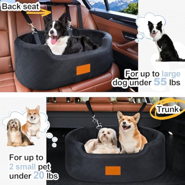 Dog Car Seat for Large/Medium Dogs Under 55 lbs, Travel Bed with thick Washable Booster Pet Car Seat with Non-Slip Base, Fits SUV & Car Back Seat (Black)
