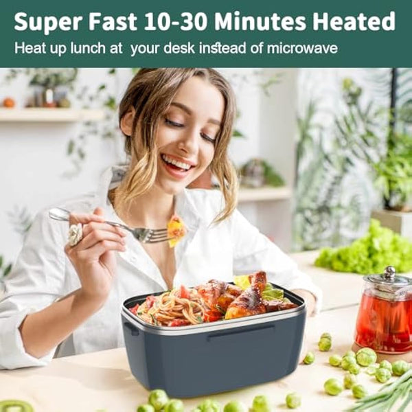 Electric Heated Lunch Box 100W - 3-in-1 Fast Heating Lunch Boxes Portable for Adults, 12V/24V/220V with 2 Pack Containers (Single & Compartment) for Car Truck Office (3 Times Faster), Navygreen
