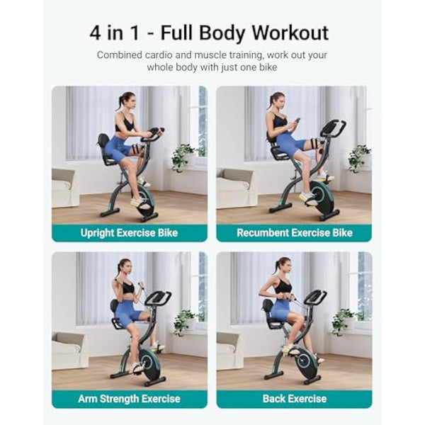 MERACH 4 in 1 Foldable Exercise Bike with Exclusive APP for Customizable Exercise Plans, 16-Level Magnetic Resistance Folding Stationary Exercise Bike, 300lbs Capacity and Comfortable Seat Cushion