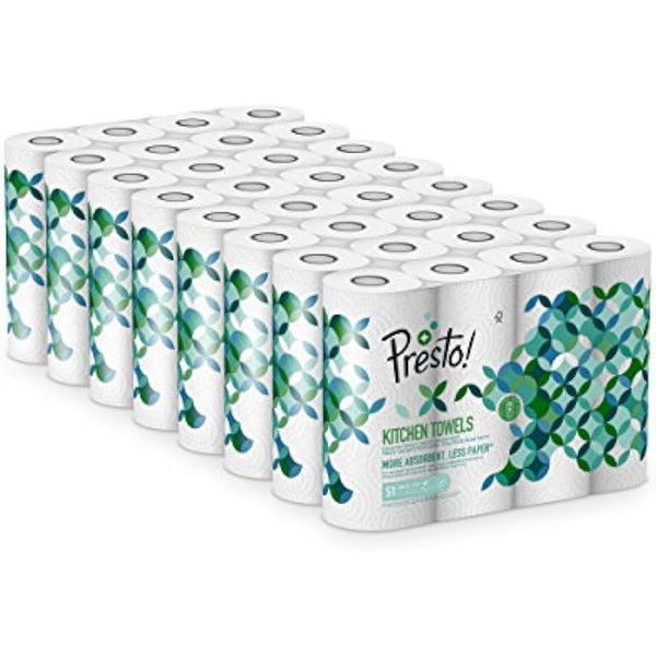 Amazon Brand - Presto! TAD Kitchen Roll, Extra Absorbent, 1632 sheets, 32 Count (8 Packs of 4), 51 Sheets per Roll, Wring and Reuse, FSC Certified, White