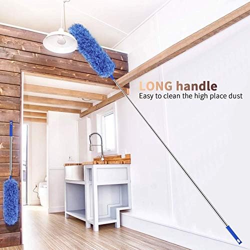Feather Duster Extendable with Stainless Steel Extension Pole, 100 Inches Extra Long Telescopic Dusters, Cobweb Duster with Bendable Head for Cleaning Blinds, Interior Roof, Ceiling Fan, Cars