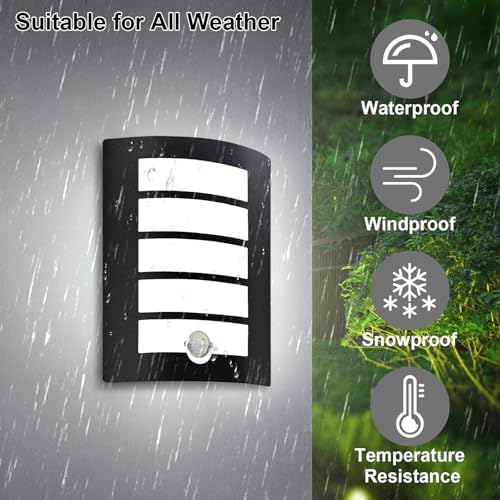 Allesgute Outdoor Wall Lights with PIR Motion Sensor, IP44 Waterproof Curved Outside Lights Mains Powered Black Wall Lamp for Porch, Front Door, Incl.12W E27 Bulbs Cool White 6000K