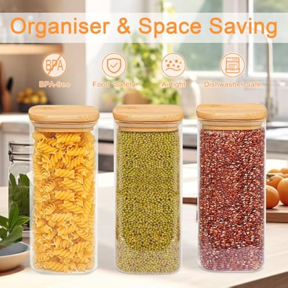 Finew 2100ml Glass Storage Jars with Lids, 3 Pack Airtight Glass Jars & Canisters, Square Spice Jars for Pasta Flour Spices Cookie Sugar Tea Coffee Beans
