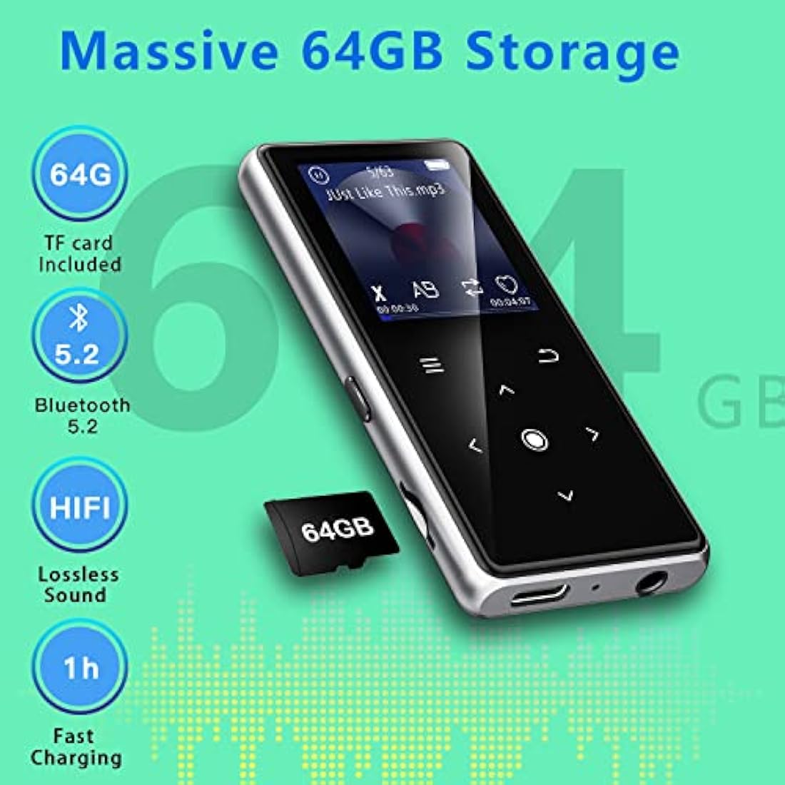 64GB MP3 Player with Bluetooth 5.2, AiMoonsa Music Player with Built-in HD Speaker, FM Radio, Voice Recorder, HiFi Sound, E-Book Function, Earphones Included