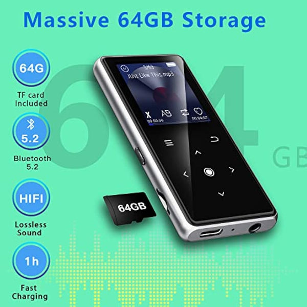 64GB MP3 Player with Bluetooth 5.2, AiMoonsa Music Player with Built-in HD Speaker, FM Radio, Voice Recorder, HiFi Sound, E-Book Function, Earphones Included