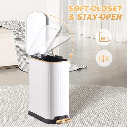 ELPHECO Slim Bathroom Trash Can Foot-Operated Stainless Steel Garbage Can with Soft Close Lid Step Trash Bin with Removable Inner Bucket for Bedroom, Office, Kitchen (White, 3.5 Gallons)