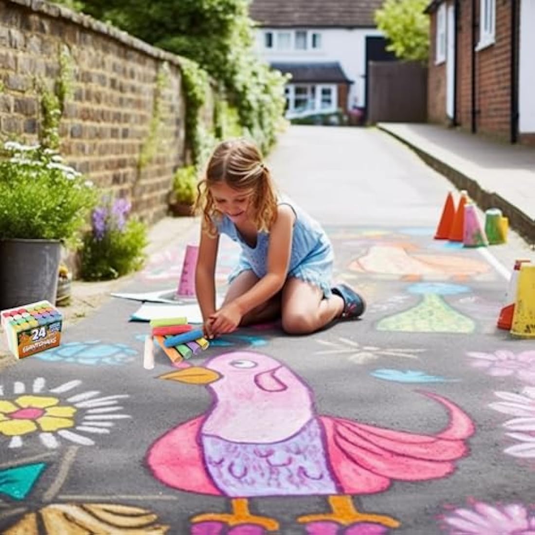 24 Coloured Chunky Chalks, Giant, Pavement, Washable, Fun for Children 8 Vibrant Colours, Outdoor, Garden, Drawing - Artists - Toddler,Kids