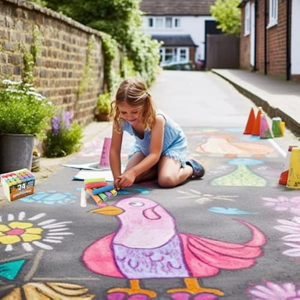 24 Coloured Chunky Chalks, Giant, Pavement, Washable, Fun for Children 8 Vibrant Colours, Outdoor, Garden, Drawing - Artists - Toddler,Kids