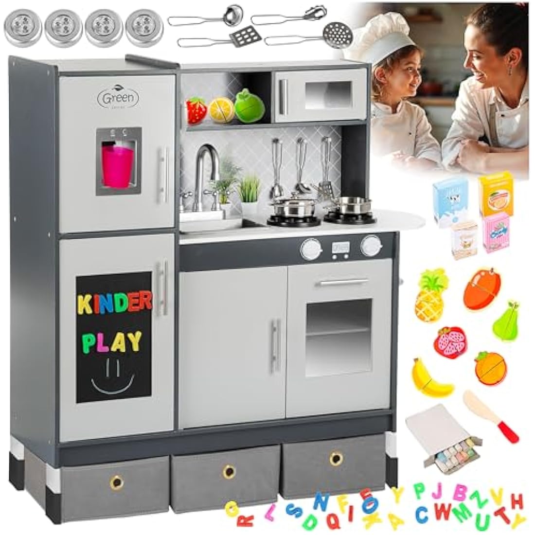 Green Series Kinderplay Large Wooden Play Kitchen - XXL Kids Kitchen for Toddlers & Children, GS0057-1