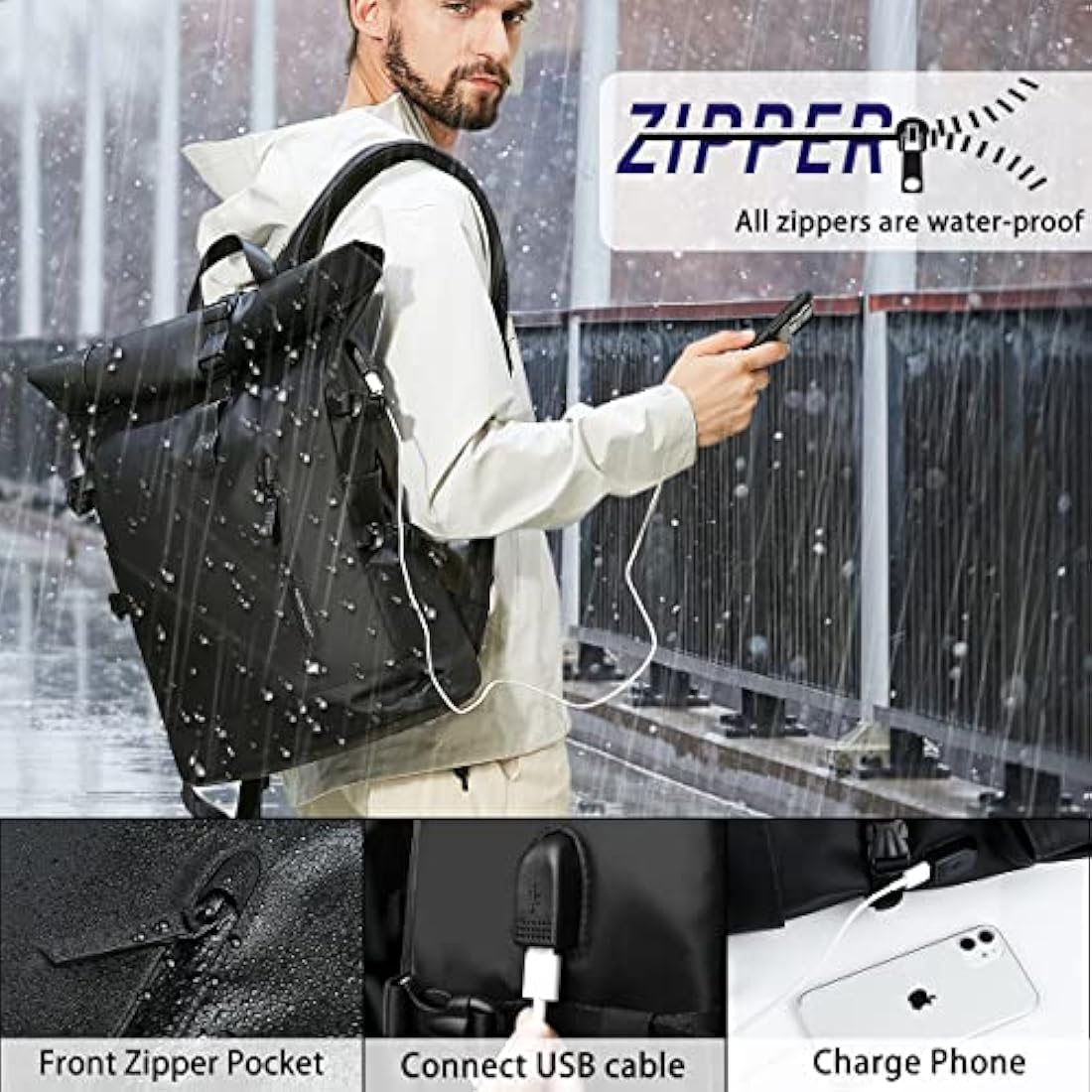 hk Roll Top Backpack Large Laptop Backpack 15.6'' USB Port Water-resistant Anti-theft Rucksack Travel Hiking Camping College School Work (27L Black)