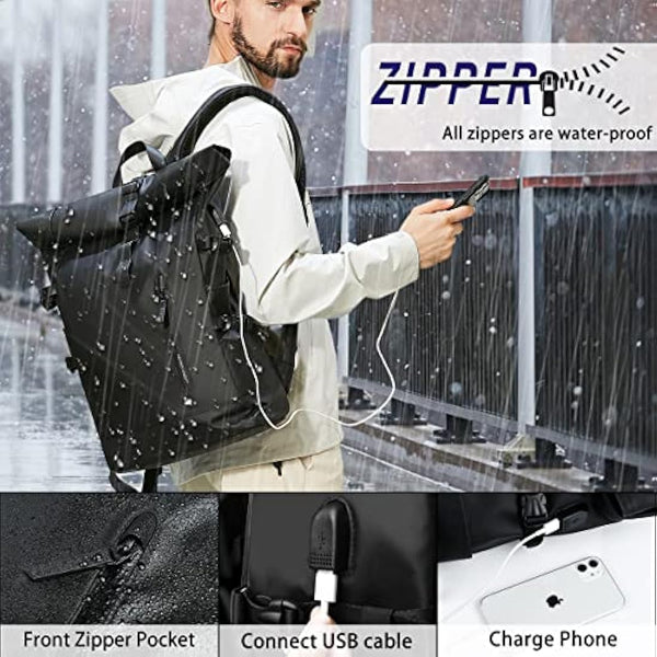 hk Roll Top Backpack Large Laptop Backpack 15.6'' USB Port Water-resistant Anti-theft Rucksack Travel Hiking Camping College School Work (27L Black)