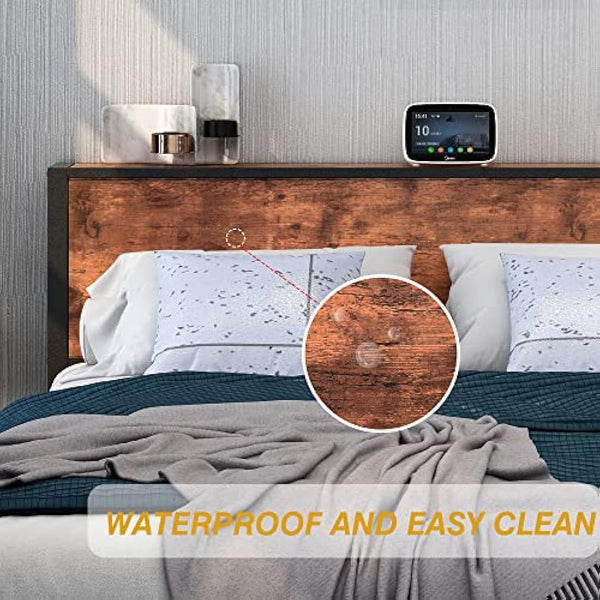 DUMEE Single Bed Frames with Wooden Storage Headboard Shelf, Heavy Duty Metal Bed Frame Single, No Box Spring Needed, Noise Free, Reinforced Strong Support Leg, Textured Black&Brown Oak